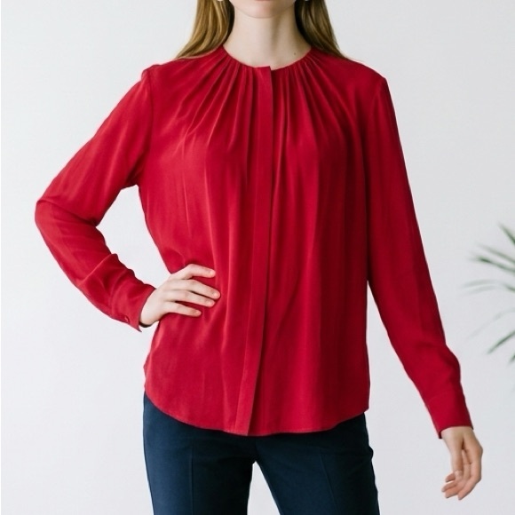 Hugo Boss Tops - Hugo boss Red/strawberry Long-Sleeve Pleated Front Women's Blouse silk